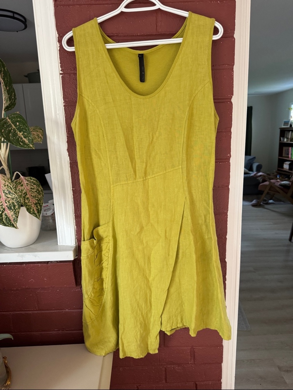 Inizio Italian 100% Linen Lime Green Sleeveless Mini Dress Large